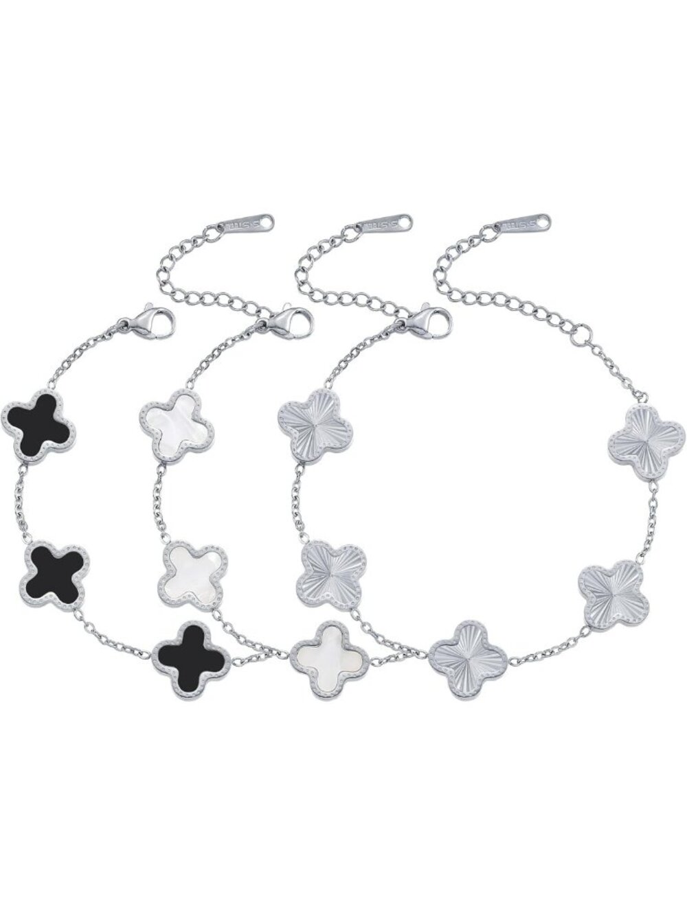 Elegant 3-Piece Clover Bracelet Set in Silver, Gold & Black - Lucky Jewelry